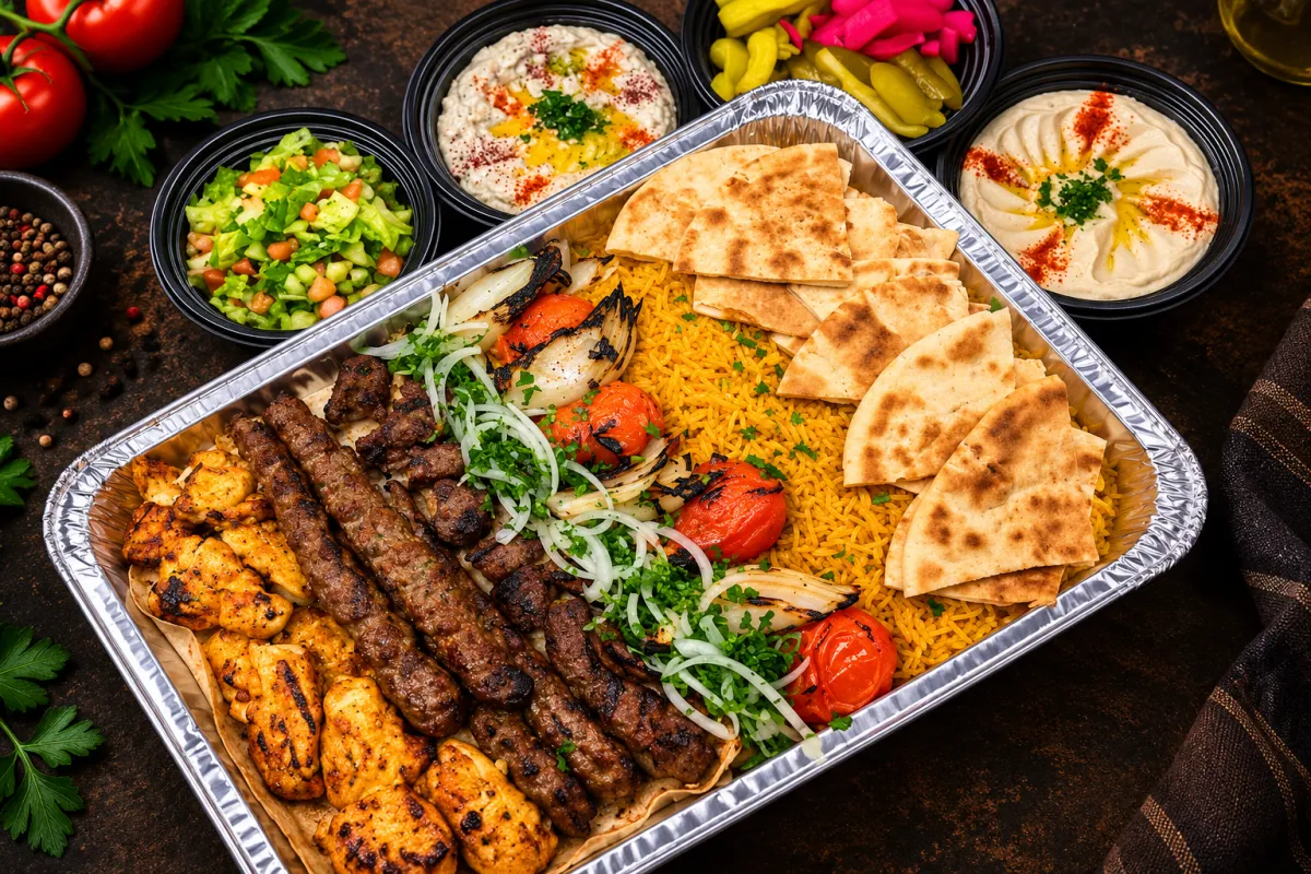 Family Mixed Grill platter with kababs, tawouk, chops, and pita
