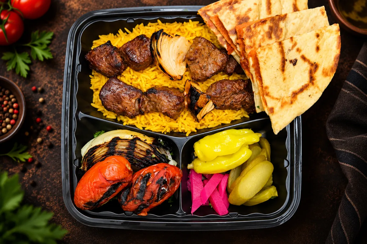 Charcoal grilled Lamb Kabab skewers with roasted tomato