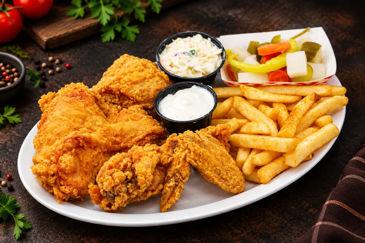 Golden crispy Broasted chicken pieces served with fries and garlic dip