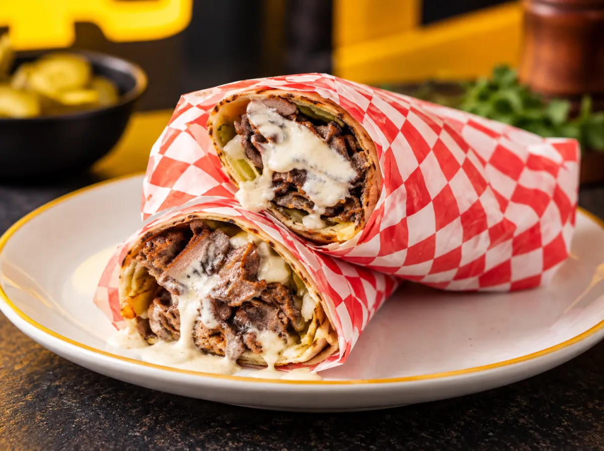 Beef Shawarma wrap sliced with tahini and sumac onions