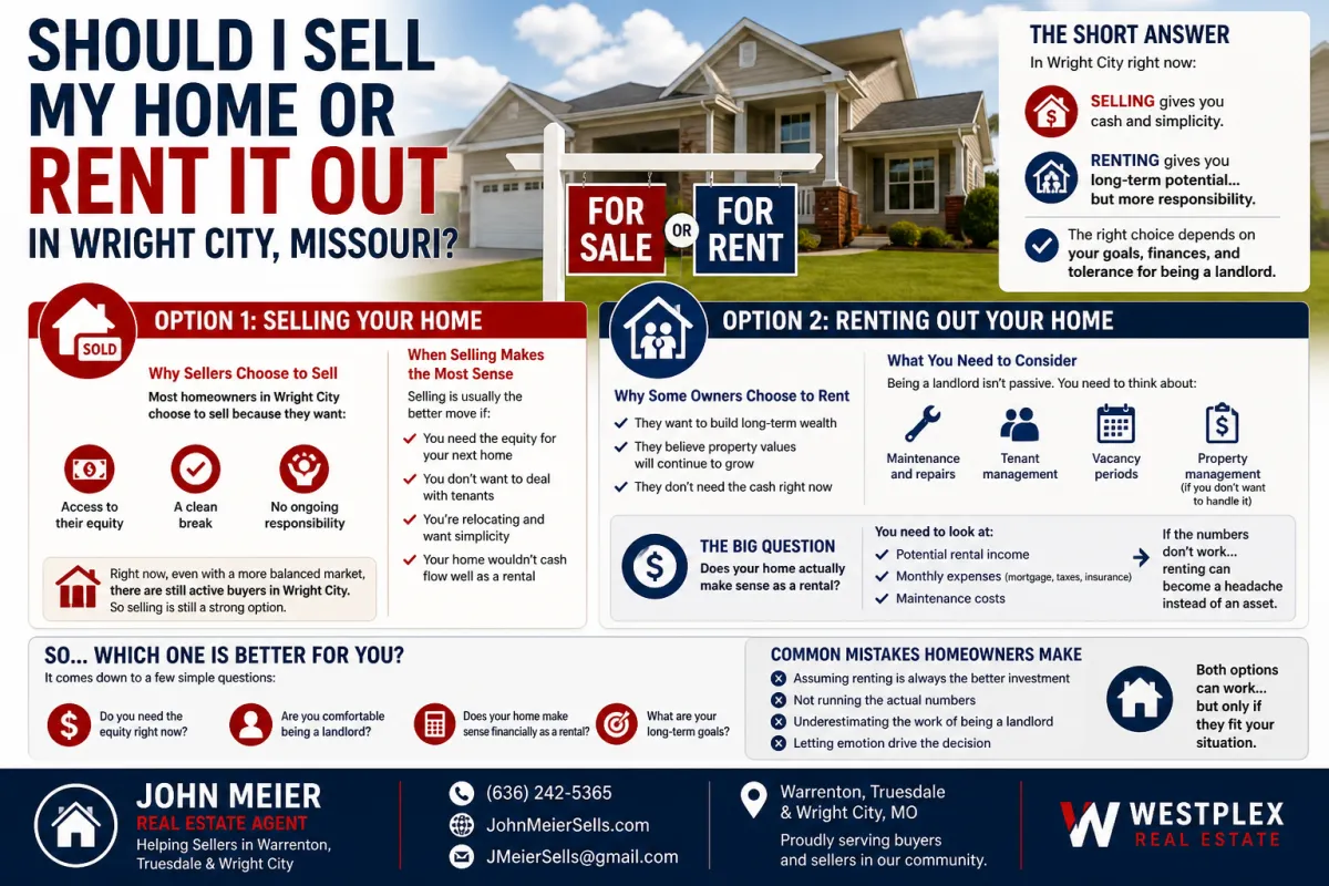 Should I sell my home or rent it out in Wright City Missouri comparing selling vs renting, equity, cash flow, and real estate decision factors