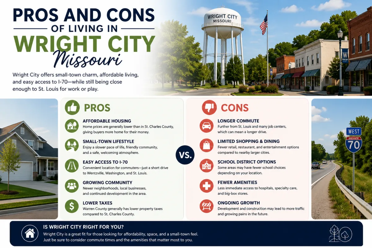 Infographic showing the pros and cons of living in Wright City Missouri, including affordable housing, small-town lifestyle, access to I-70, commute considerations, local amenities, and community growth.