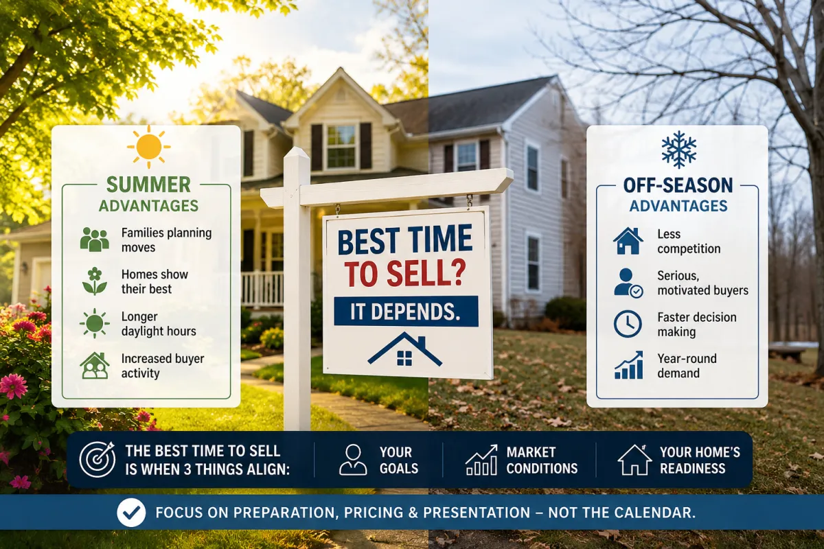 Split-season real estate scene showing the same home in summer and cooler weather, illustrating that the best time to sell a home depends on market conditions, buyer demand, competition, and property readiness rather than the season alone.