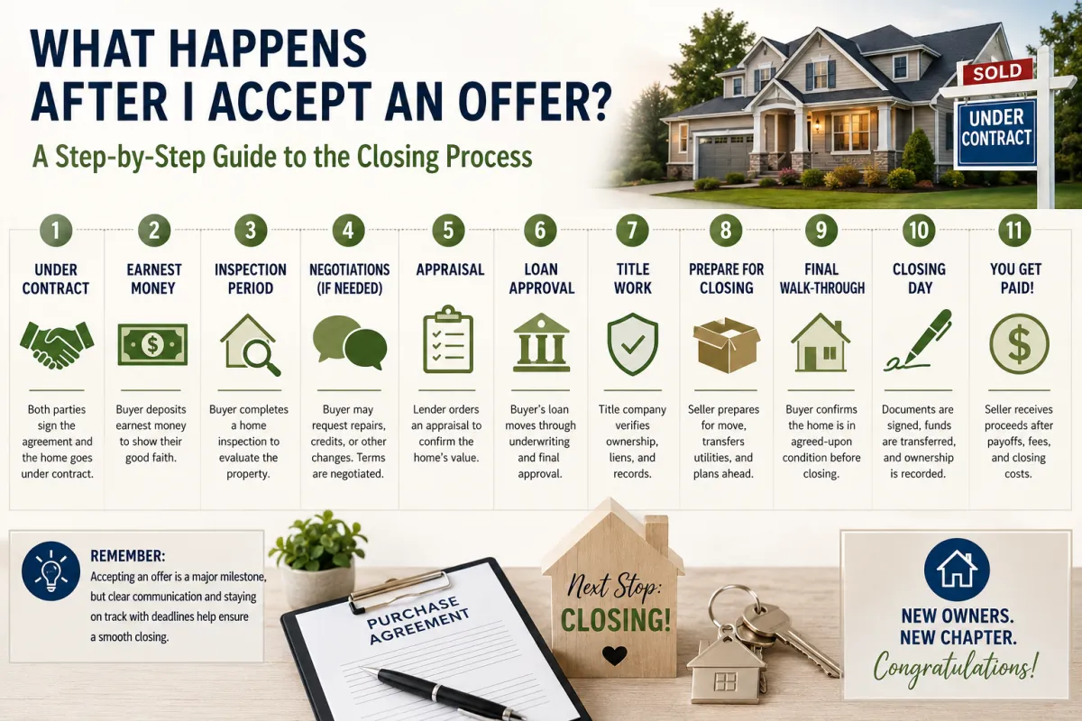 Real estate closing process concept showing a home under contract, paperwork, keys, inspection, appraisal, financing, title work, and closing milestones that occur after a seller accepts an offer on a home.