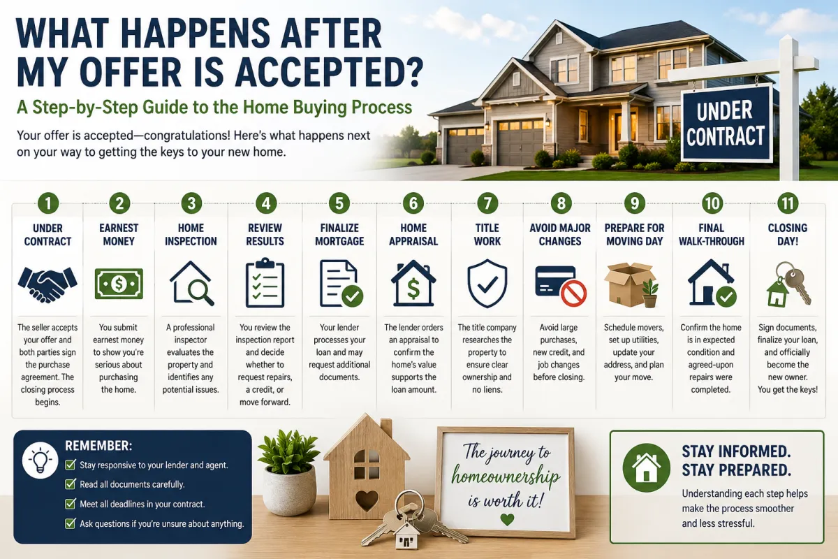 Home buying process concept showing a property under contract, home inspection, mortgage approval, appraisal, title work, moving preparation, and closing day, illustrating the key steps buyers experience after an offer is accepted.