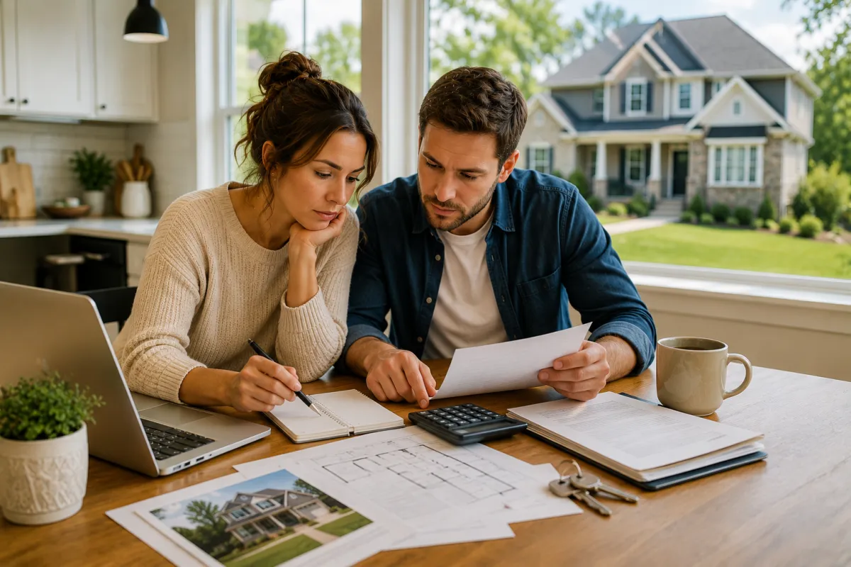 Couple reviewing finances at a kitchen table with a calculator, paperwork, and laptop while discussing home affordability. A suburban house is visible through the window, representing the home-buying planning process.