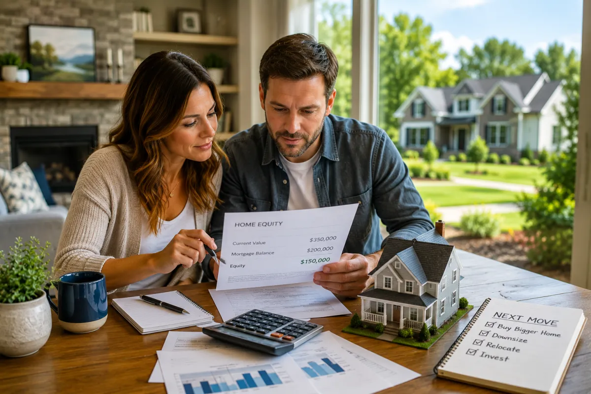 Couple reviewing home equity and financial documents at a dining table with a model house, calculator, and paperwork while planning their next real estate move in a bright, modern home.