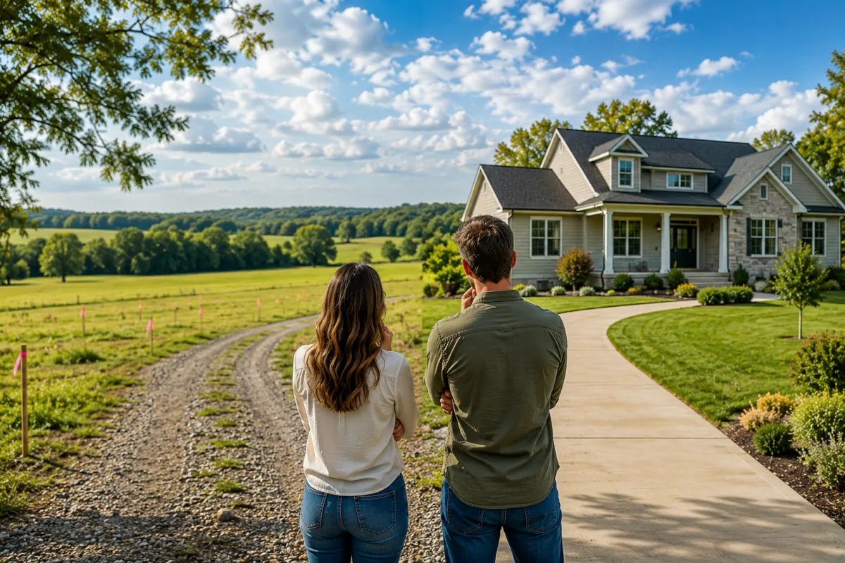 Couple standing between a vacant piece of land and a completed home, comparing the options of building a custom home versus buying an existing property in a peaceful rural setting.