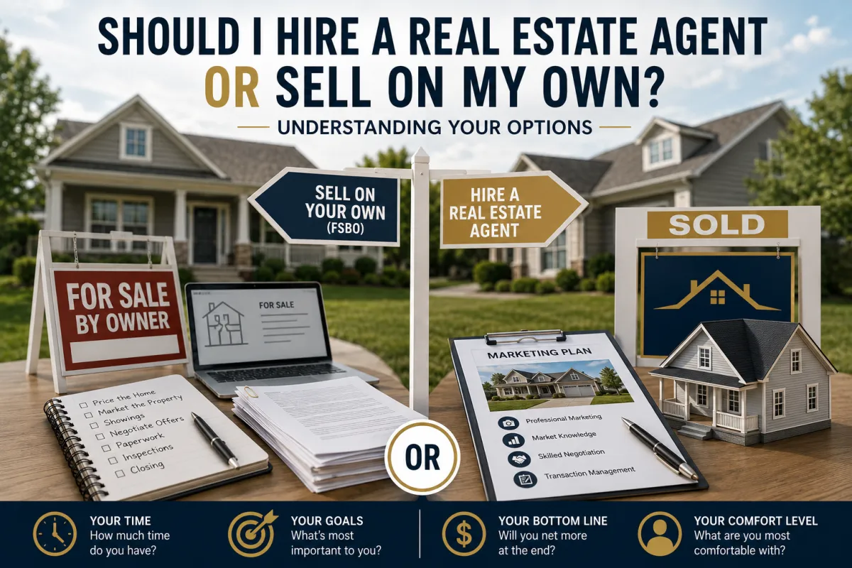 Real estate selling decision concept showing a homeowner choosing between selling a home independently (FSBO) and hiring a real estate agent, with a residential property, for sale signs, paperwork, and marketing materials.