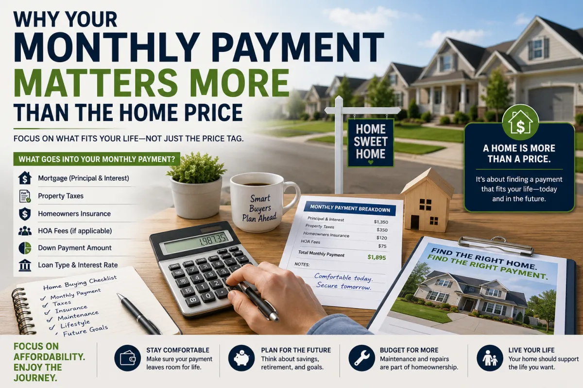 Homebuyer using a calculator to review monthly housing costs, with a home model, mortgage paperwork, and a suburban neighborhood in the background, illustrating the importance of monthly payments when buying a home.