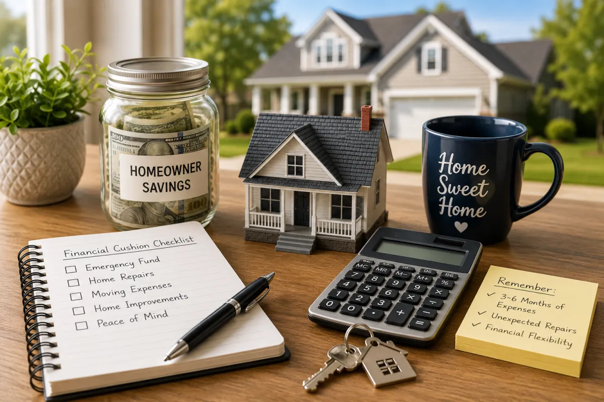Savings jar, model house, calculator, notebook, and house keys arranged on a table in front of a home, representing emergency savings, financial planning, homeownership costs, and budgeting after buying a house.