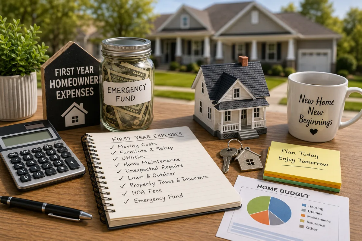 Model home, calculator, house keys, emergency savings jar, notebook, and budget documents displayed on a table with a home in the background, representing the common expenses and financial planning involved during the first year of homeownership.
