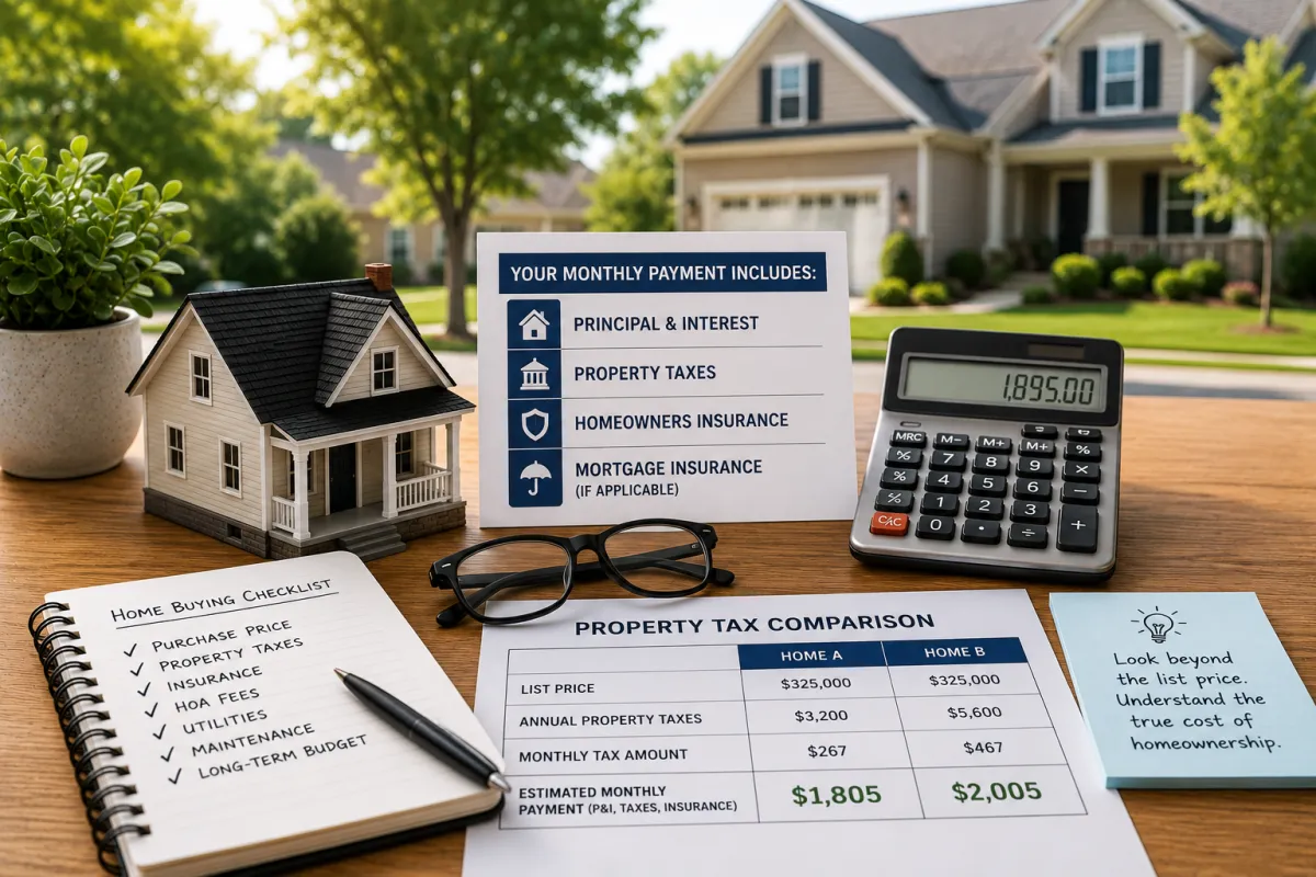 Calculator, model home, financial documents, and a property tax comparison concept on a desk with a suburban home in the background, representing how property taxes influence monthly mortgage payments and overall housing costs.