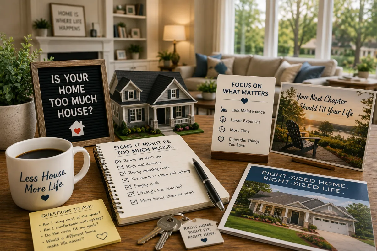Bright, inviting living room with a model home, house keys, and planning materials that symbolize evaluating whether a current home still fits changing lifestyle needs, including downsizing, reducing maintenance, and simplifying homeownership.