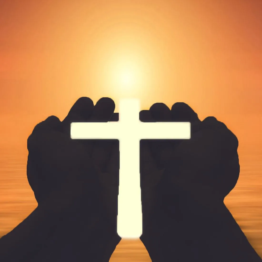 hand raised to the sun, revealing a cross