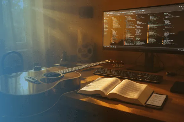 At a desk with guitar and bible