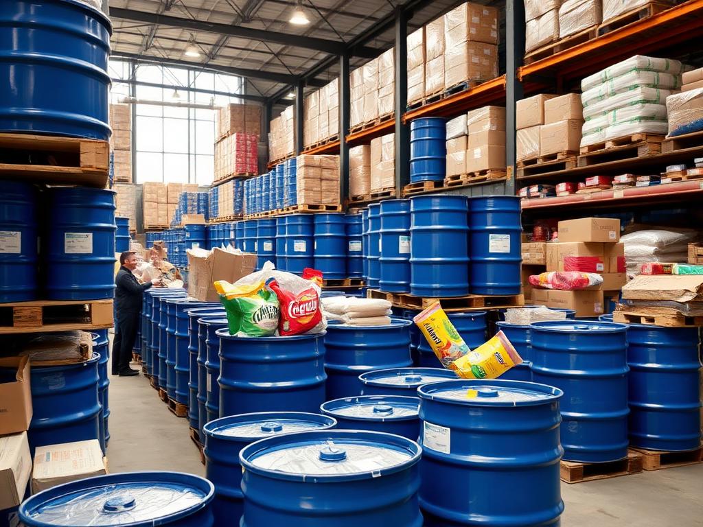 Close-up of a sealed blue barrel being strapped and labeled by a technician in a clean warehouse.
