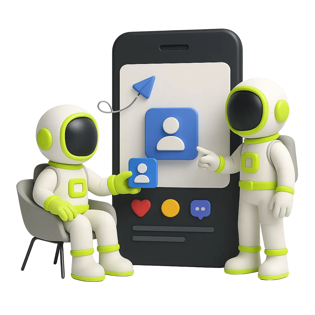 two astronauts talking over a large phone shaped billboard, the astronaut on the left is sitting on a chair while holding an icon of a default profile image