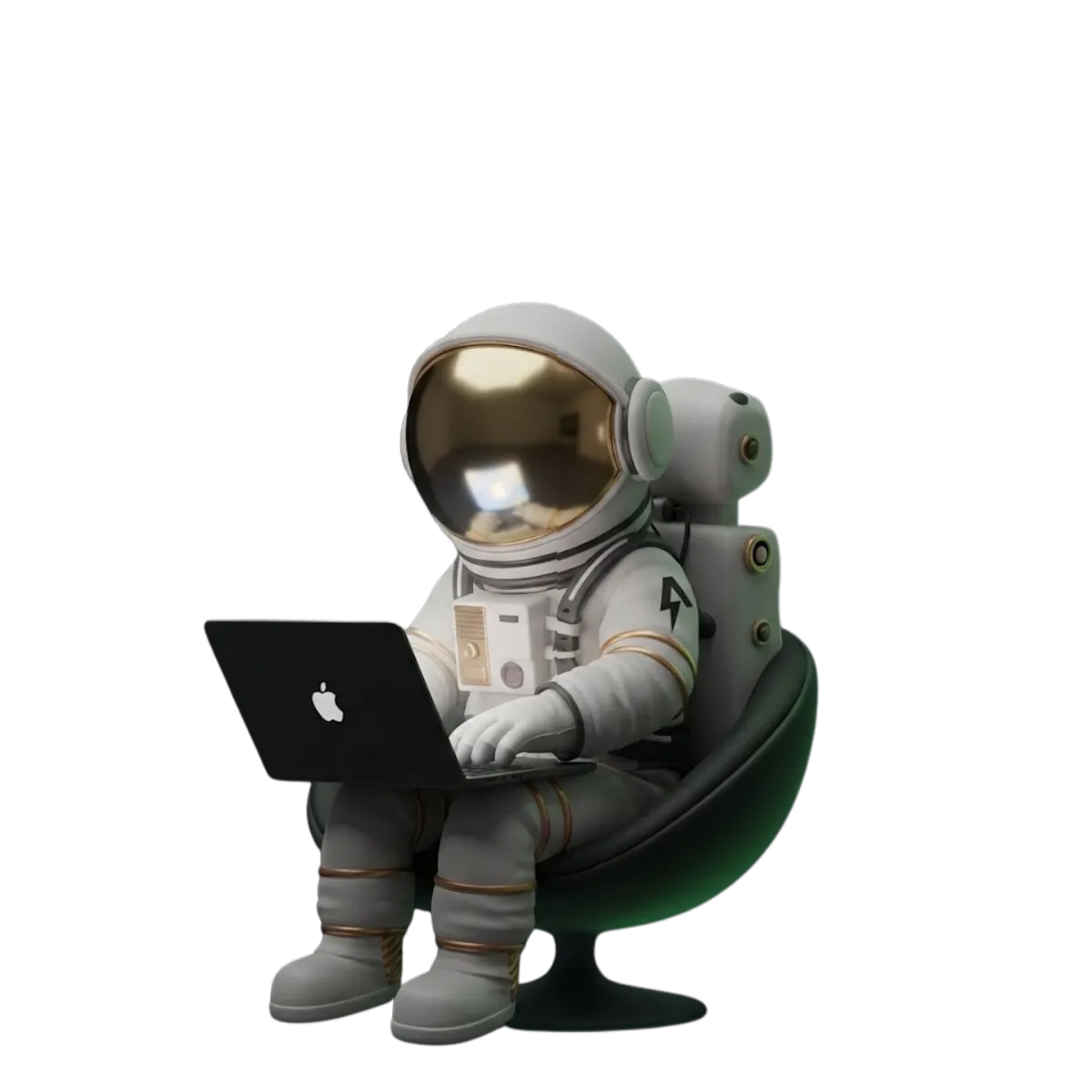 An astronaut sitting on a chair fiddling with their apple macbook