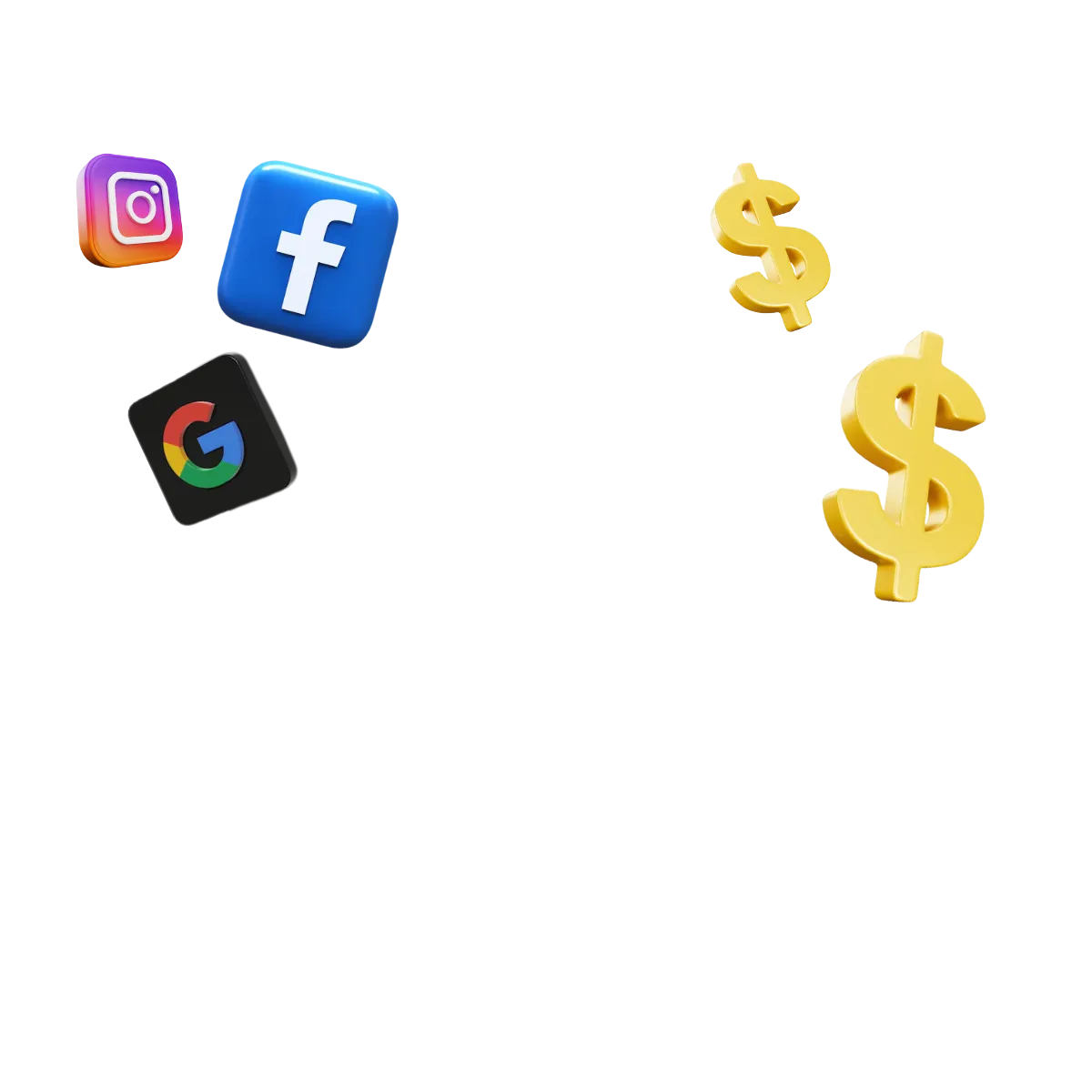 Floating 3D Icons, an instagram icon, a facebook Icon, google Icon on the left, and two dollar signs on the right