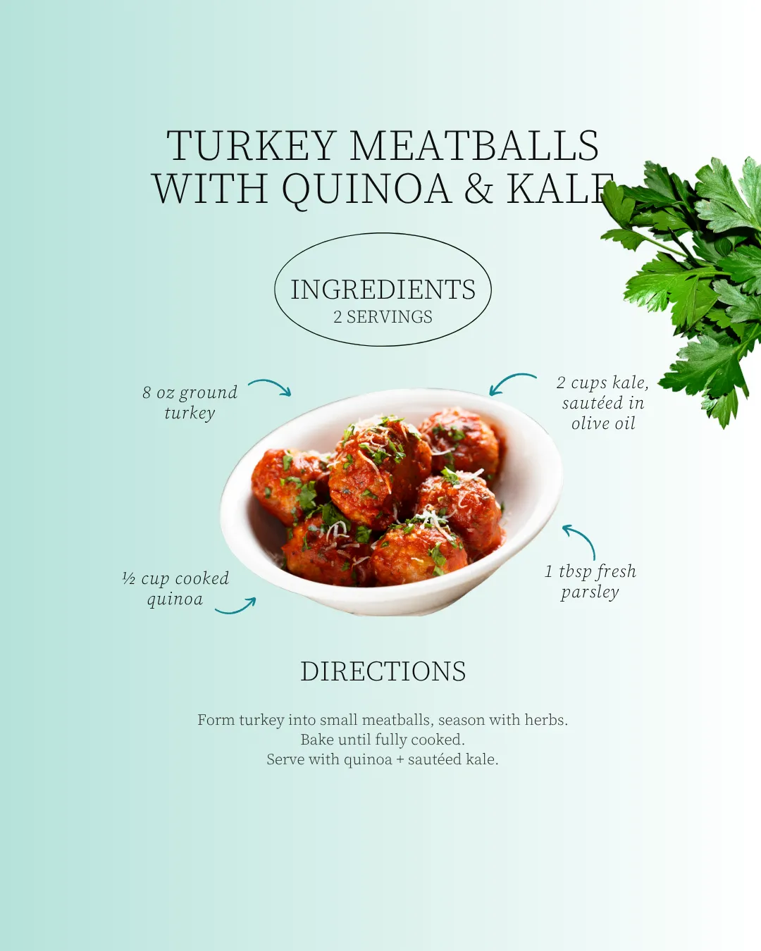 A bowl of turkey meatballs with parsley on top, surrounded by ingredients like quinoa and kale.