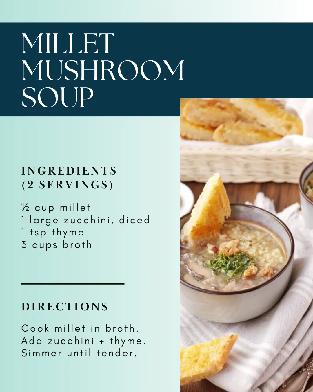 Bowl of millet mushroom soup with sliced bread on a table.