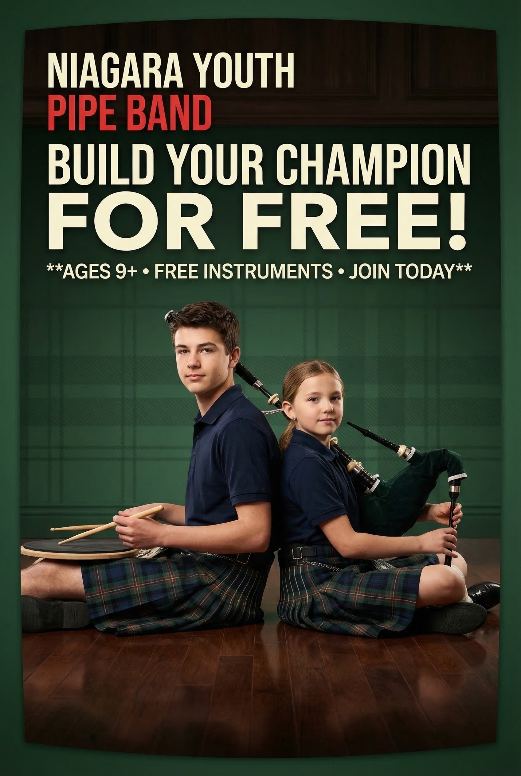 Diverse children playing bagpipes outdoors, smiling candid mid-to-full-body shot with warm vibrant tones