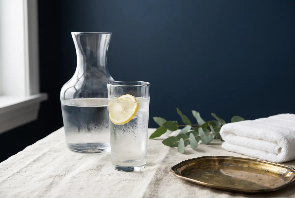 Glass carafe and iced water with lemon, representing rehydration after a day in the Paso Robles wine country