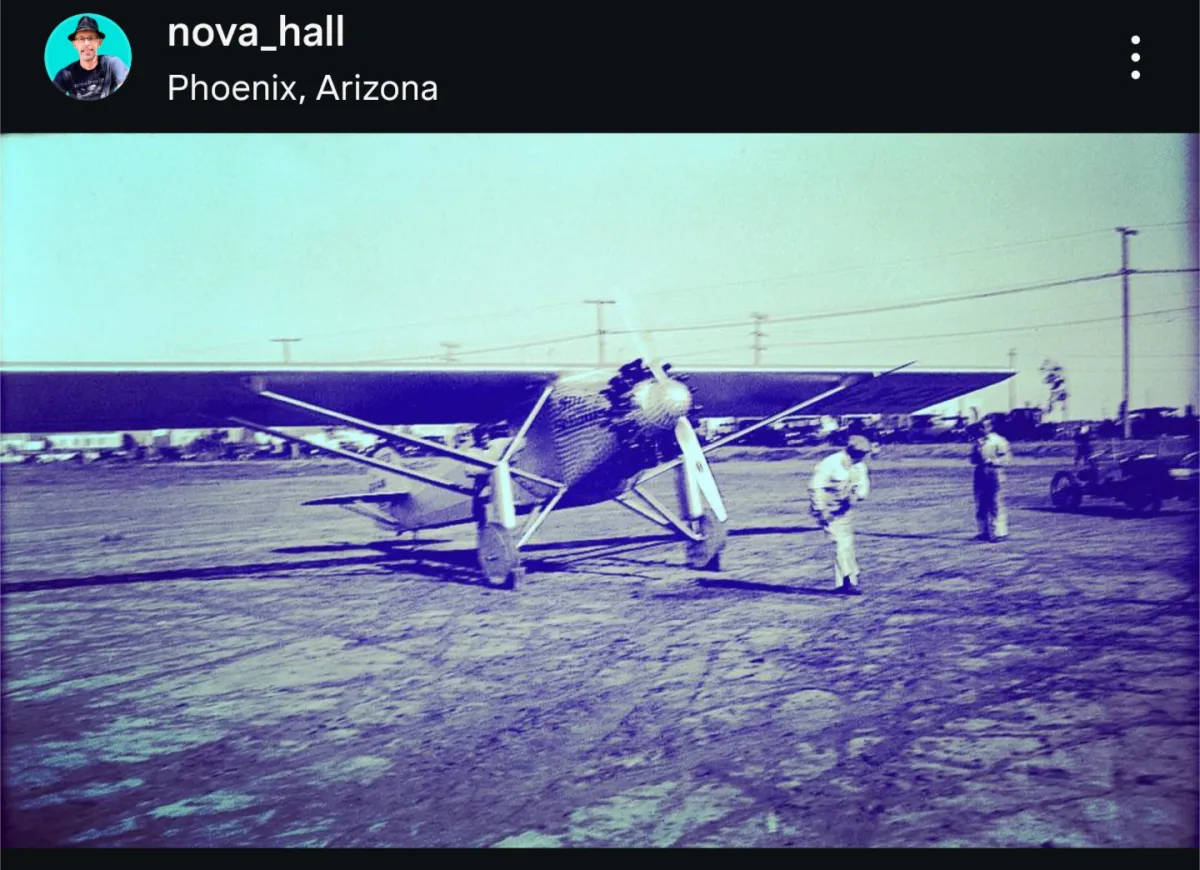 1927 photograph of the Spirit of St Louis first flight by Donald Hall of his famous aircraft design in San Diego from his grandson's Instagram account Nova_Hall 