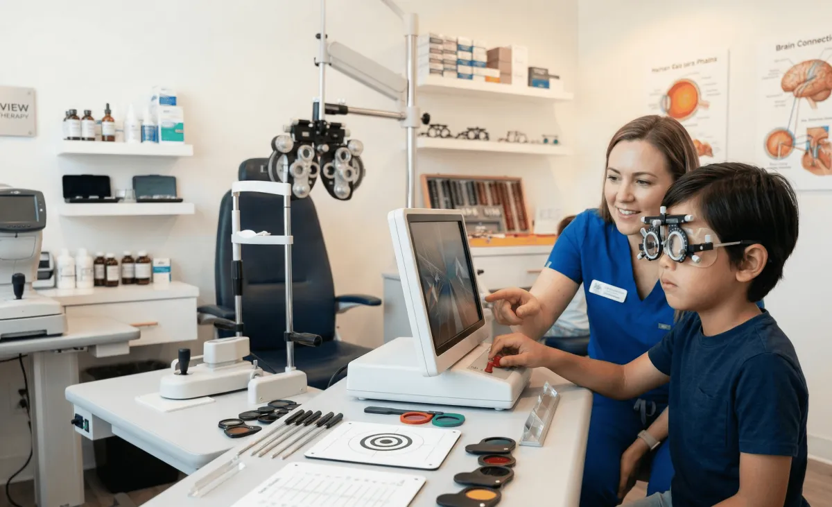 Vision therapy session with a young patient using specialized equipment to improve visual processing and eye coordination skills