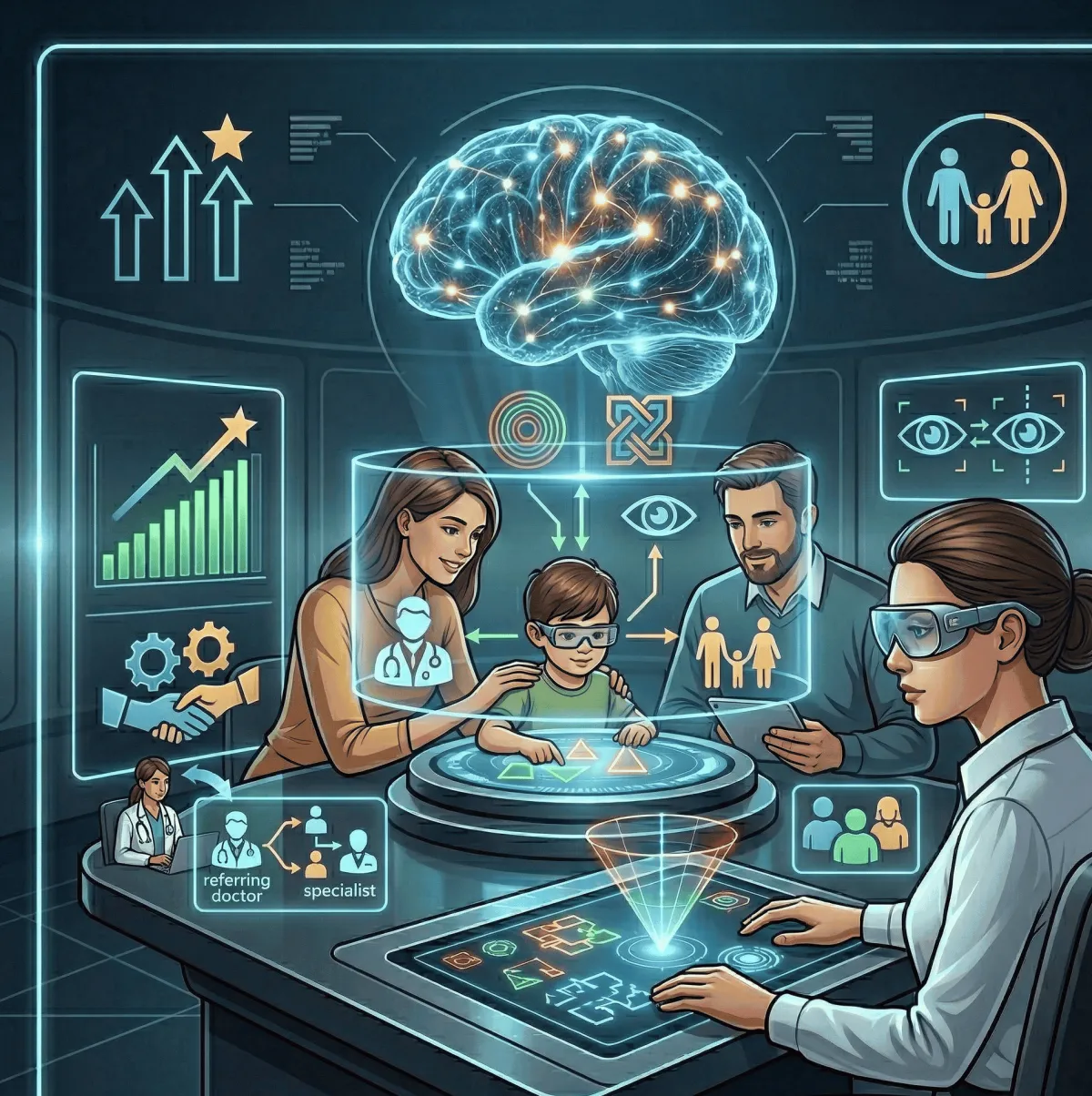 Family-centered vision therapy referral pathway connecting parents pediatricians and vision therapy specialists through targeted content