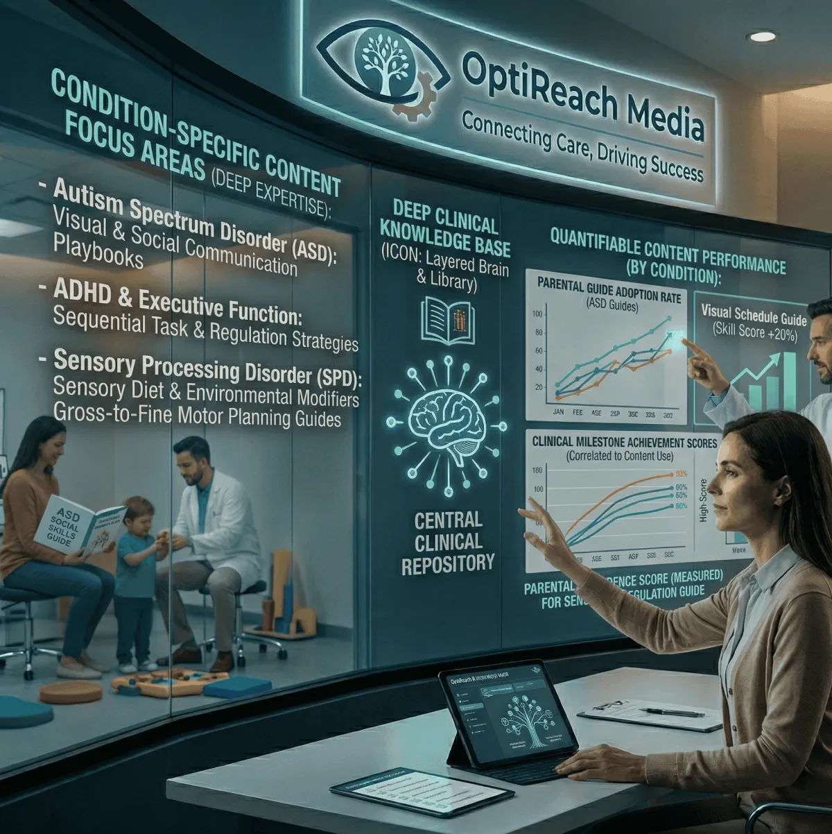 OptiReach Media condition-specific content strategy for vision therapy practices covering visual processing disorders ADHD and sensory integration
