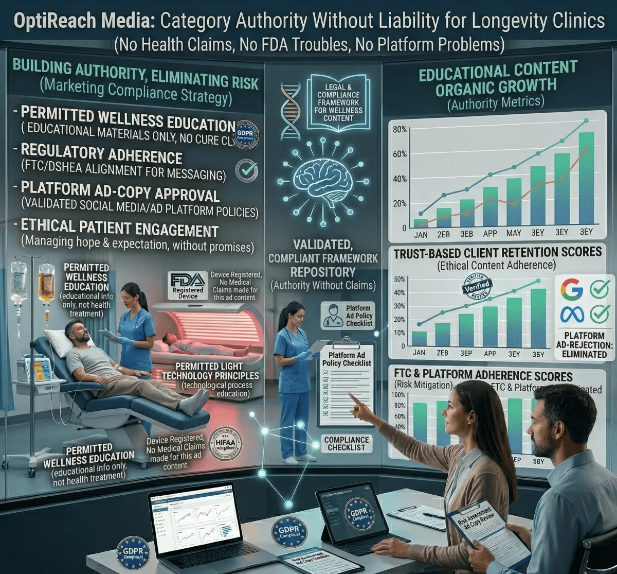 Longevity clinic marketing framework building category authority through education-forward content without health claims or regulatory risk