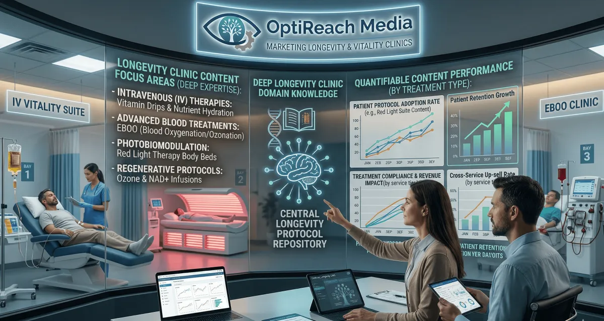 IV, EBOO, red light, NAD): OptiReach Media longevity clinic content strategy covering IV therapy red light therapy EBOO blood oxygenation and regenerative protocols