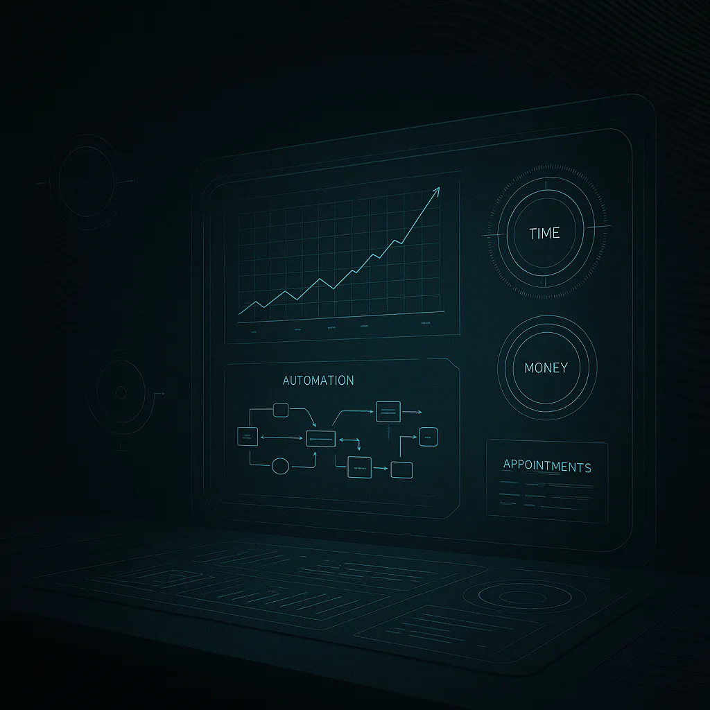 AI-powered business dashboard HUD with holographic graphs, automation workflows, and KPI gauges for time and money.