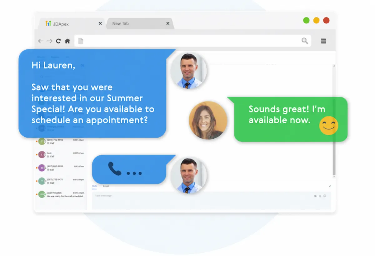 JDApex automated follow-up campaign builder showing SMS and email steps for a trade business