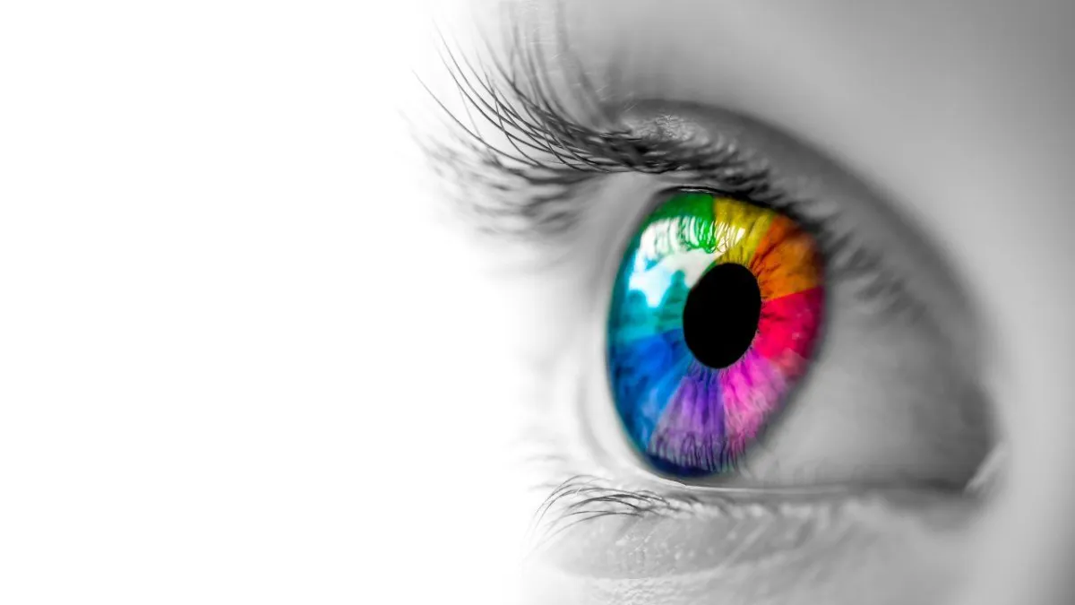 Rainbow eye colours representing seeing sustainability differently