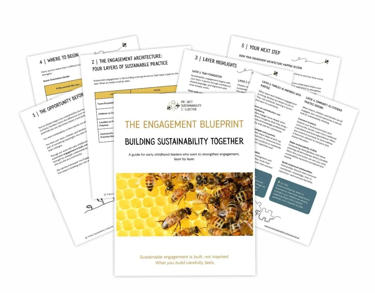 The Engagement Blueprint guide by Project Sustainability Collective displayed across several pages, showing practical tools for early childhood leaders to build sustainable engagement in early childhood services.
