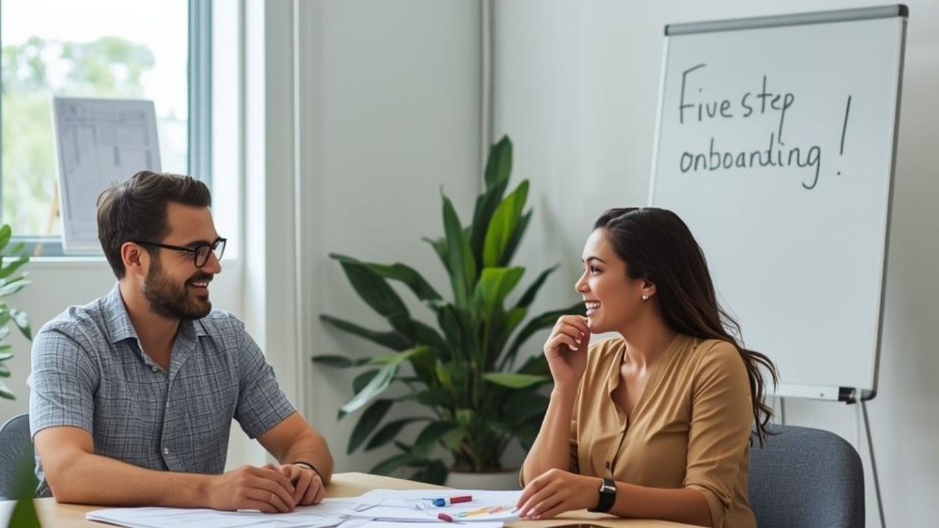 a men and a woman in an office, white board written "five step onboarding"