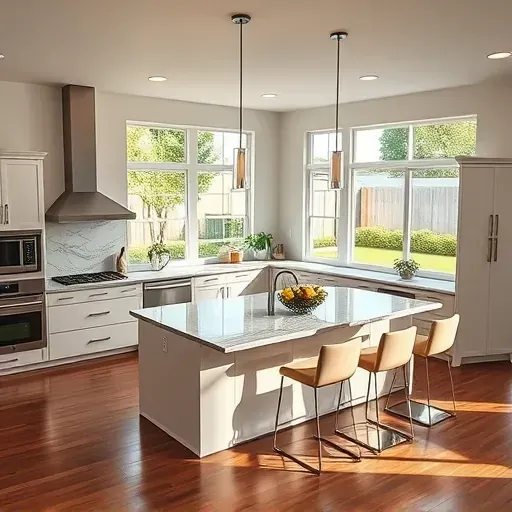 Modern kitchen remodel in Devore CA featuring sleek appliances, granite countertops, spacious island, and natural light.