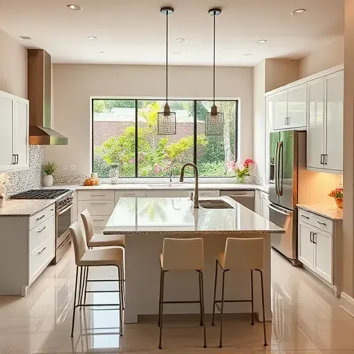 Modern kitchen remodel in Corona, CA featuring granite countertops, custom cabinetry, stainless steel appliances, and garden views.