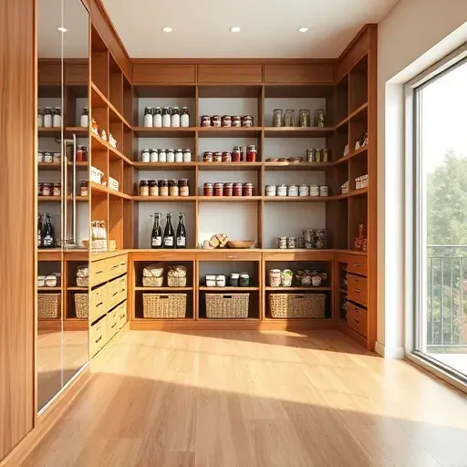 Perfectly installed modern walk-in pantry with organized jars, canned goods, sleek shelving, hardwood flooring, and natural light