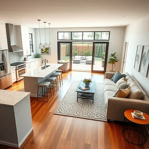 Modern open-concept home remodeling in Highland CA featuring a stylish kitchen, living room, and dining area.