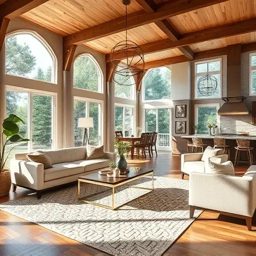 Elegant open-concept living space in Oak Glen CA with modern rustic decor, abundant natural light, and gourmet kitchen.