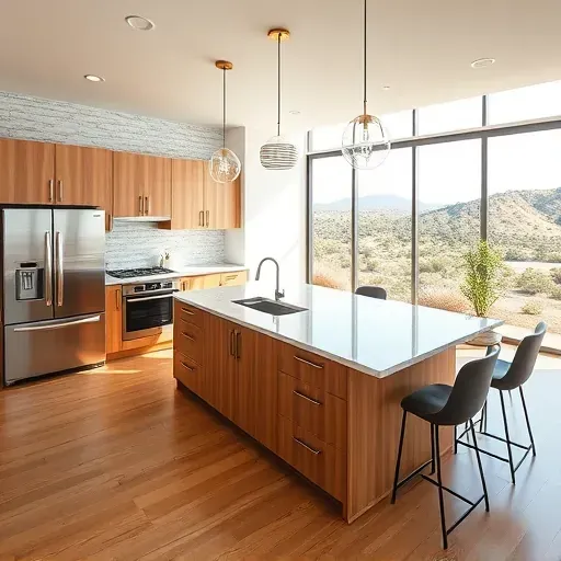 Freshly remodeled kitchen in Mentone CA features marble countertops, custom cabinetry, and stainless steel appliances.