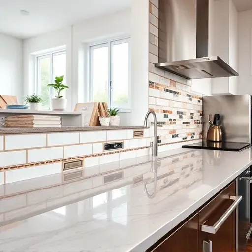 Completed modern backsplash in Mentone CA with vibrant patterned tiles, glossy textures, and polished kitchen environment