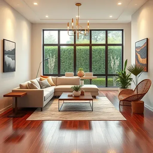 Elegant modern living room in Jurupa Valley, CA with neutral walls, cozy sofa, natural light, and polished hardwood floors.