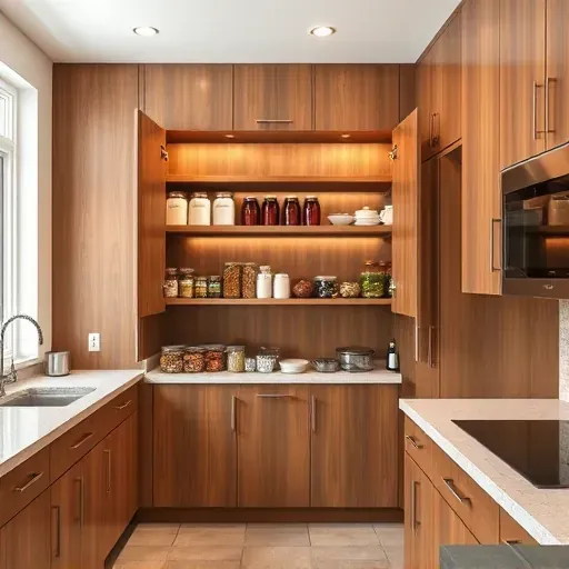 Modern Mentone kitchen pantry with sleek woodgrain cabinetry, organized shelves, natural lighting, and high-end finishes
