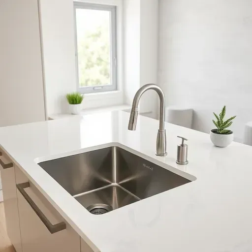 Modern kitchen with stainless steel sink, marble countertop, sleek cabinetry, brushed nickel fixtures, and natural light.