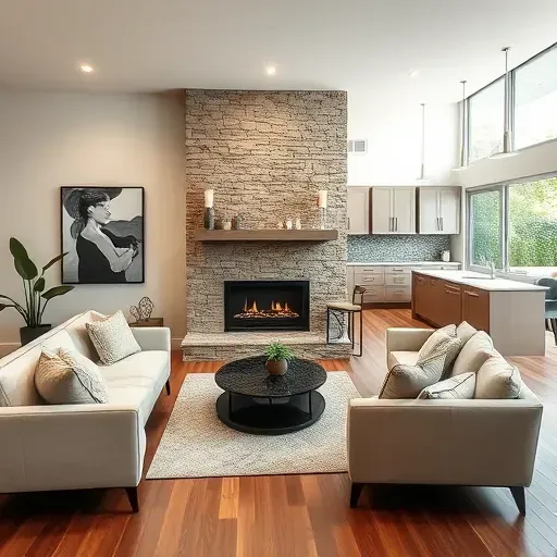 Elegant living room in Eastvale CA with modern fireplace, plush furniture, and energy-efficient windows. Stylish kitchen visible.